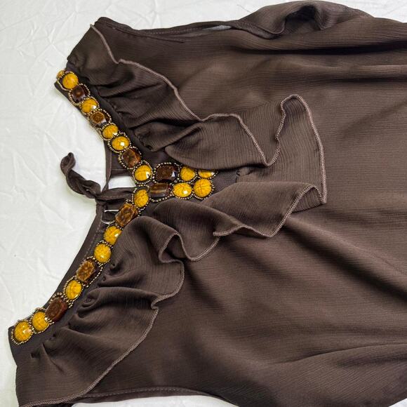 Brown ruffle top with gold yellow brown beaded neckline - Picture 5 of 8